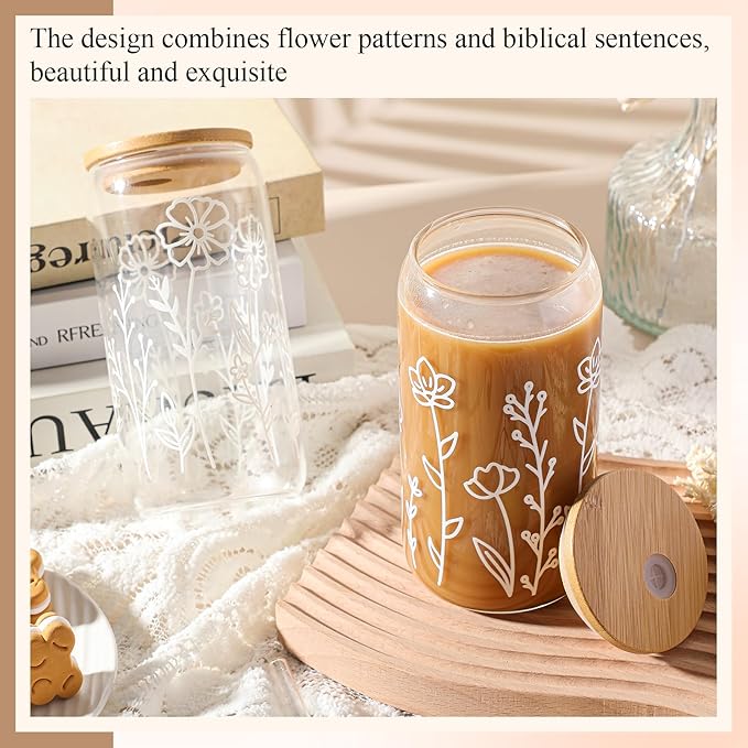 Mumufy 2 Pack Gift for Women Cute Glass Cup Tumbler Flower Iced Coffee Mugs 16 oz Glass with Bamboo Lid & Straw, Mothers Day Birthday Gift for Mom Sister Bridesmaid Baby Shower(Boho Floral)