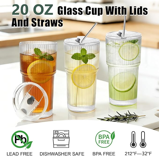 HIGIINC Iced Coffee Cups with Lids and Straws 2 Pcs，20 OZ Glass Cups with Lids and Straws, Clear Ribbed Glass Tumbler Reusable Drinking Glasses for Matcha, Smoothie, Cocktail,Latte
