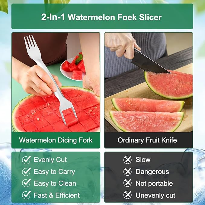 Watermelon Cutter Slicer Fruit Tool - 2-in-1 Stainless Steel Watermelon Cube Cutter, Melon Fork Slicer, Dual Head Watermelon Cuber Cutting Tool Knife (4 PCS)