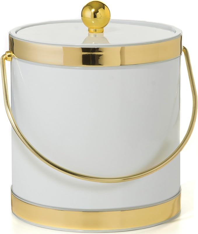 Made In USA Metallic Deco Collection Double Walled Insulated Ice Bucket With Ice Tongs (5-Quart, White & Gold)