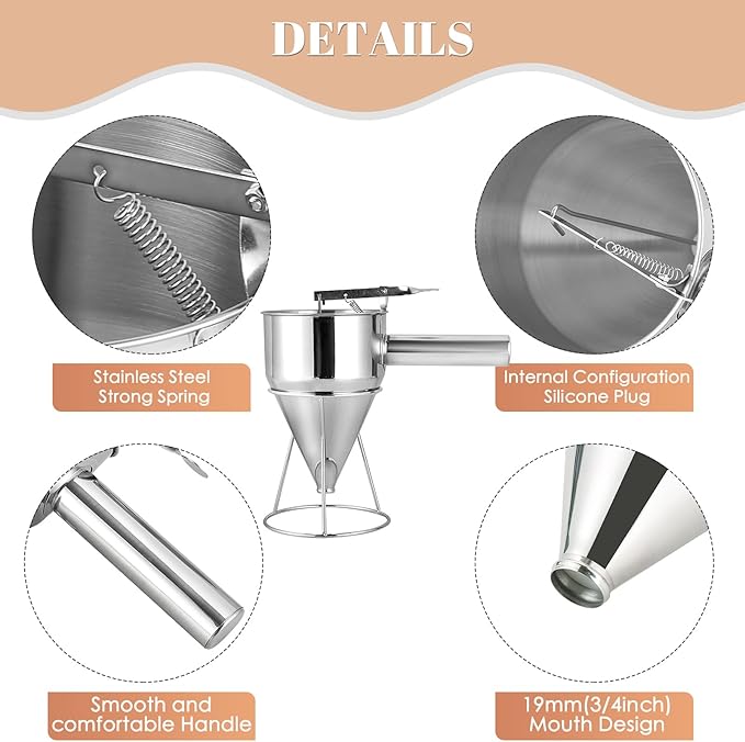 MAOPINER 40.5OZ Stainless Steel Pancake Batter Dispenser, Piston Funnel Cake Dispenser with Stand, Commercial Chocolate Funnel for Baking & Takoyaki (1200ML/40.5OZ with 4PCS Nozzles)