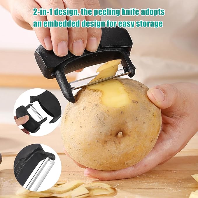 4 Piece Kitchen Spiral And V-Shaped Tools, vegetable peeler,crinkle cutter knife, Multifunctional Kitchen Set, Stainless Steel Manual Kitchen Tools for Creative Food Decoration(black