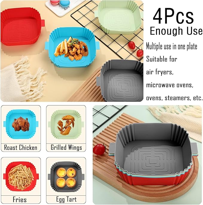Silicone Air Fryer Liners,LYHOLKEER 4Pcs 7.6inch Square Airfryer Silicone Liners Reusable for 3-6QT Air Fryer,Replacement Of Flammable Parchment Paper,Food Safe,Easy to Clean,Air Fryers Accessories