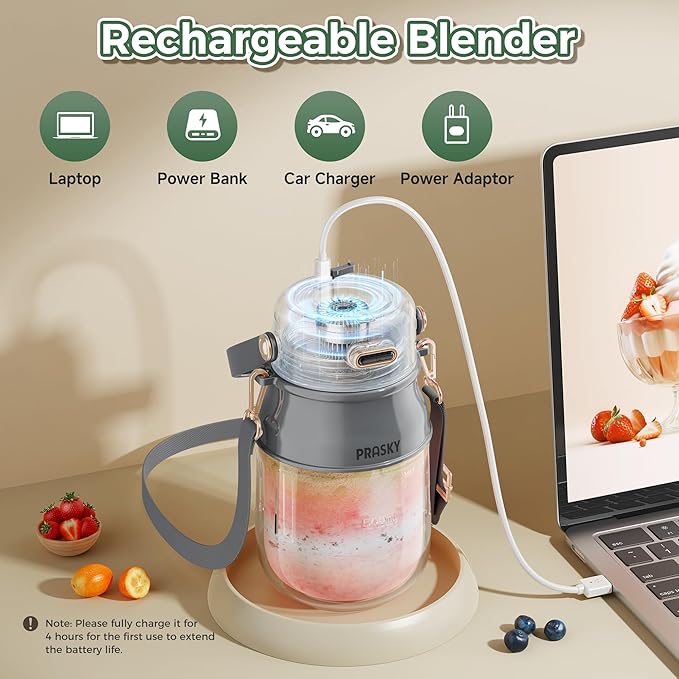 Portable Blender, Prasky Personal Blenders for Shakes and Smoothies with 33oz Cup, Lid and Shoulder Strap, Type-C USB Rechargeable, Personal Size Blenders BPA-free for Travel/Kitchen