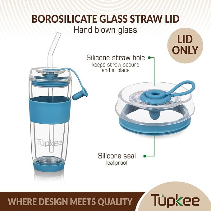 Tupkee Double Wall Glass Tumbler Straw Lid - For Hand Blown Glass Travel Mug, 14-Ounce & 8-Ounce, Niagara