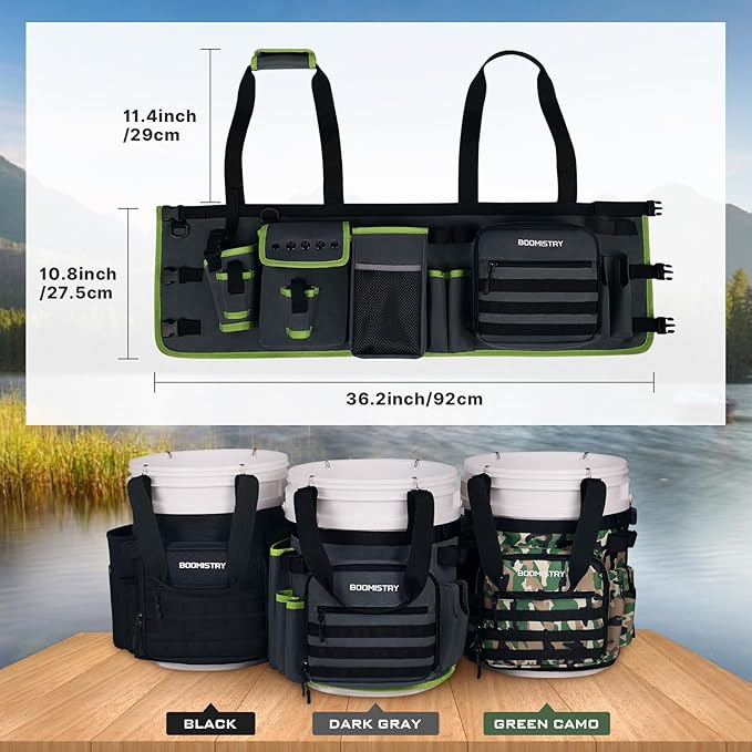 Boomistry Fishing Bucket Organizer for 5 Gallon Bucket Accessories, Fishing Tackle Bag with Adjustable Buckle, Fishing Rod Bag with 15 Multi-Pockets for Fishing Gear and Equipment (Dark Gray)