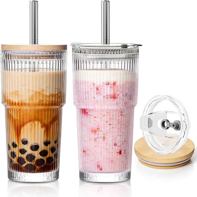 KEMORELA 20oz Ribbed Glass Tumblers with Bamboo & 2 in 1 Leak-proof Lids, Extra-Wide 13mm Reusable Stainless Steel Straws, 2Pcs Vintage Drinking Glasses for Boba, Iced Coffee, Smoothies,Travel Cups