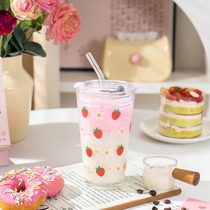 Olvini 15oz Glass Tumbler with Glass Straw and Lid, Cute Iced Coffee Cups, Aesthetic Glass Cups, Coffee Tumbler, Water Cup, Matcha Cup, Drinking Glasses (Strawberry)
