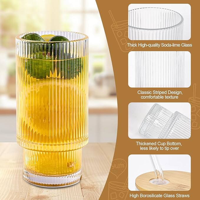 16Oz glasses drinking set of 4,Ribbed Glass Cups With Lids And Straws,Glass Tumbler With Lid for Beer, Juice, Water, Iced coffee Cup,Whiskey
