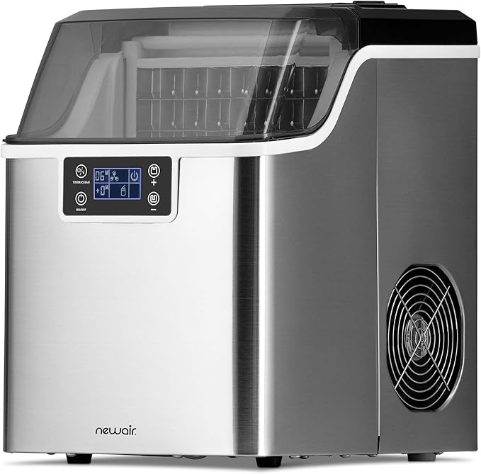 Newair Countertop Clear Ice Maker, 45lbs/Day Ice Cube Machine, Self-Cleaning Function and Custom Ice Thickness, Portable Ice Maker, 24H Timer, Ideal for Home Office and Outdoor Bar, Stainless Steel