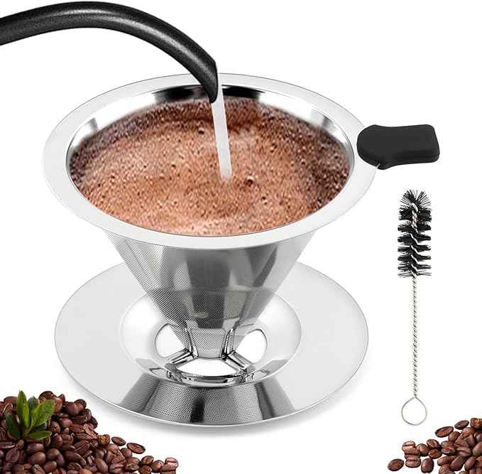 Pour Over Coffee Dripper, Stainless Steel Cone Coffee Filter with Base, Dual-Layer Fine Mesh Coffe Filter, Paperless Reusable Cone Coffee' Maker Dripper with Cleaning Brush(SIZE:M)