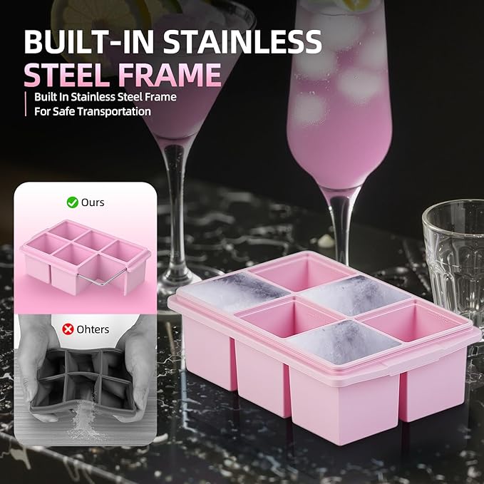 Large Ice Cube Trays for Whiskey (2 Pack) - Silicone Ice Cube Molds with Steel Frame Reinforcement & Lid, 2-Inch Square Ice Cubes for Whisky, Cocktails, Coffee, Tea - Easy Release