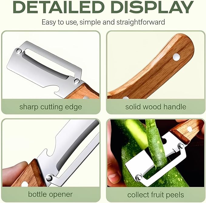 2-in-1 Multifunctional Vegetable Peeler with Wooden Handle & Stainless Steel Blade, Multifunctional Vegetable Peeler, Built-in Bottle Opener, Fruit & Vegetable Kitchen Peeling Tool (1Pcs)