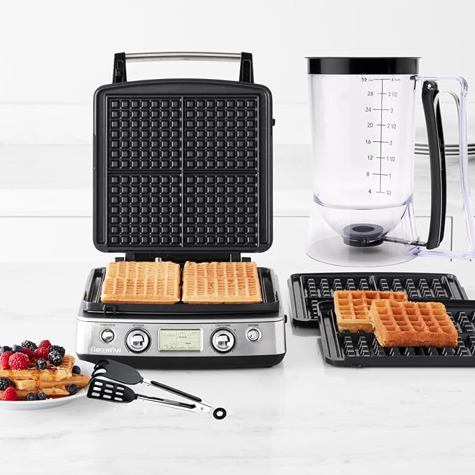 Black Waffles Batter Dispenser n Waffle Tongs Combo Set,Get Perfectly Fluffy Waffles Every Time! Batter Measuring Separator for Pancakes, Cupcake, Muffin Quick Filling Cookie Batter