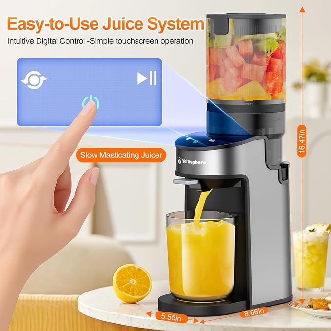 CFR637 Juicer Machines,400W Cold Press Juicer,4.9"Wide Feed Chute Slow Masticating Juicer for Whole Vegetables & Fruits,High Juice Yield,Easy to Clean,Advanced Touch Sensing Switch(Silver)
