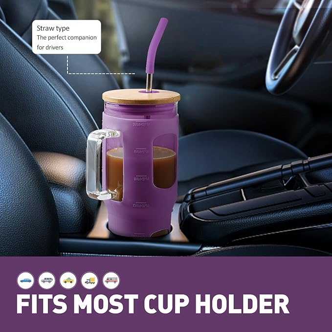 WINSA Glass Tumbler with Straw & Lid, 32 oz Glass Cup with Handle, Water Bottles with Time Marker - 2 Straws & Silicone Protective Sleeve Dark Purple