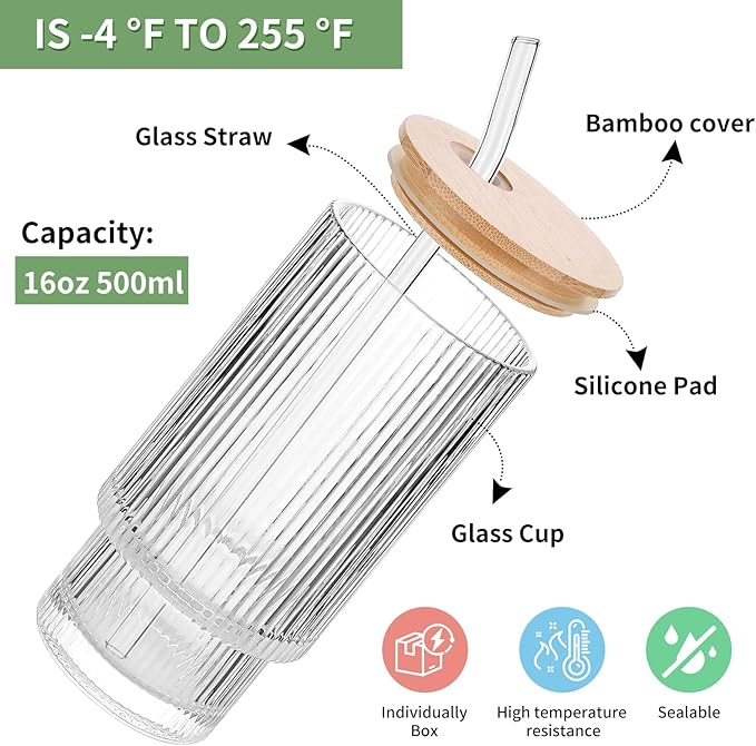 6 Pack Glass Cups with Lids and Straws, 16oz Ribbed Drinking Glasses Tumblers Durable Drinkware Water Glasses Cup Ideal Gift for Home, Kitchen, Office