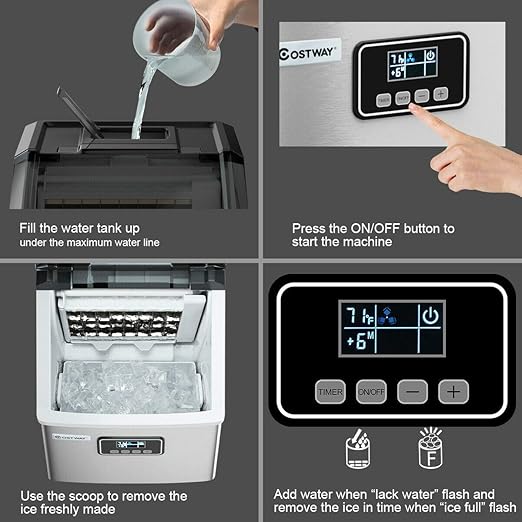 COSTWAY Ice Maker Countertop, 48LBS/24H Automatic Ice Stainless Steel Machine with Self-Cleaning Function, Easy-to-Control LCD Display, Timer Function, See-Through Window with Ice Scoop and Basket