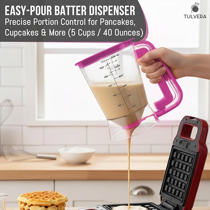 Pancake Batter Dispenser | 5-Cup Mix Pourer for Pancakes, Waffles, Crepes, Muffins, Cupcakes | Squeeze Handle, Portion Control Pitcher, Durable Drip-Free Design | Baking Accessories (Raspberry Purple)