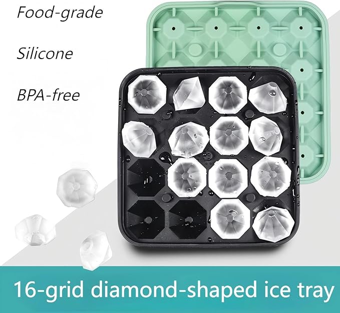 Tiny Diamond Ice Molds 2 Pack, Small Diamond-Shaped Silicone Ice Cube Trays 16 Cubes Per Tray, Easy Release, BPA-Free and Stackable, Mini Ice Cube Trays with Lid Green