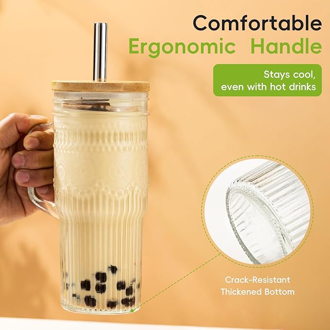 JunVpic Glass Cups with Bamboo Lids and Straws, 24oz Glass Tumbler with Handle, Stainless Steel Straws & Cleaning Brushes – Boho Pattern Iced Coffee Cup for Smoothies, Tea, and Gifts, Set of 2