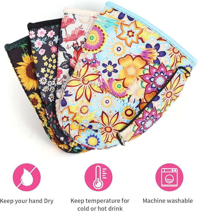 4Pack Reusable Iced Coffee Sleeve Insulator Sleeves for Cold Drinks Beverages, Neoprene Cup Holder for Most Coffee, Fits 30-32oz Large Cups (Floral Meadow)