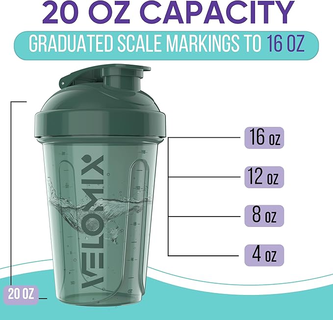 VELOMIX -4 PACK- 20 oz Protein Shaker Bottle for Protein Mixes - 4x Wire Whisk | Leak Proof Shaker Cups for Protein Shakes | Stackable Protein Shaker Bottle Pack | Dishwasher Safe (Blue Mirage)