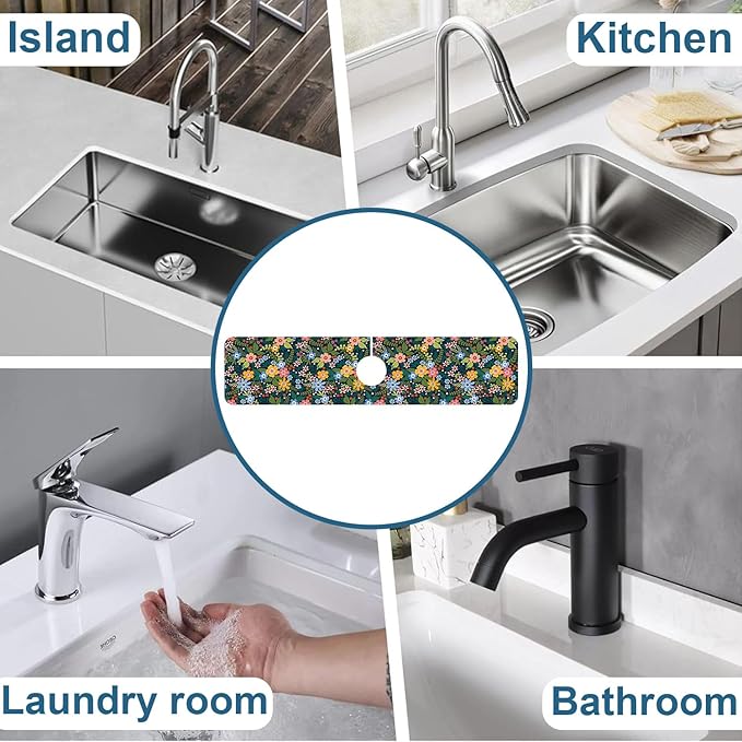 Colorful Flower Kitchen Sink Splash Guard Faucet Mat Flowers Leaves Super Absorbent Fast Drying Mat Sink Splash Guard Behind Faucet for Kitchen Bathroom, 23.5"x5.5"