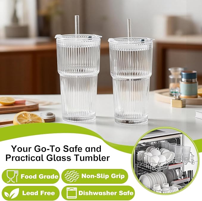 4pcs Ribbed Glass Tumbler with Straw and Lid - 20oz Reusable Iced Coffee Beer Cups, Coffee Bar Accessories for Cocktails Juices, Includes 1 Cleaning Brush