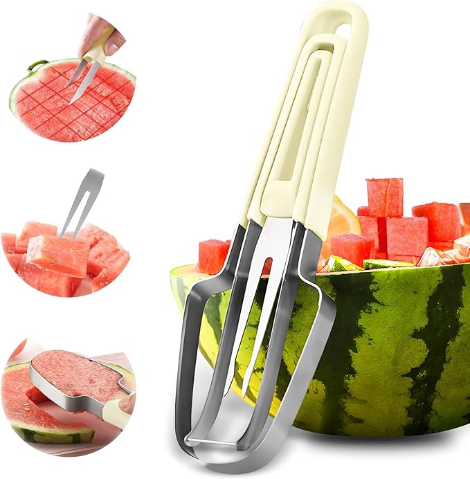 Watermelon Cutter, 3-in-1 Watermelon Fork Slicer, Stainless Steel Popsicle Maker, Multi Melon Cutter for Camping Kitchen Gadgets (Off White)