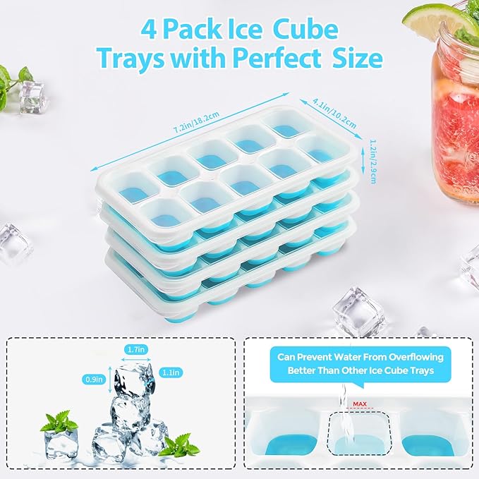 DOQAUS Ice Cube Tray with Lids - 4 Pack Stackable Silicone Ice Trays for Freezer, BPA & LFGB Safe, Easy Release for Kitchen, RV, Cocktail, Coffee, Soup & Food