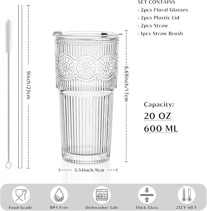 INSETLAN 20oz Ribbed & Floral Glass Tumblers with Lids and Glass Straws, Set of 2 – Iced Coffee Cups, Reusable Drinking Glasses for Water, Smoothies, Tea, and Juice – Perfect for Travel & Daily Use