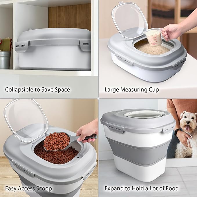 Komzon Rice Storage Bin Cereal Containers, 13-50lb Collapsible Rice Container Dispenser with Transparent Lid, Rolling Wheels, Measuring Cup and Scoop, Airtight Dog Cat Pet Food Storage Container White