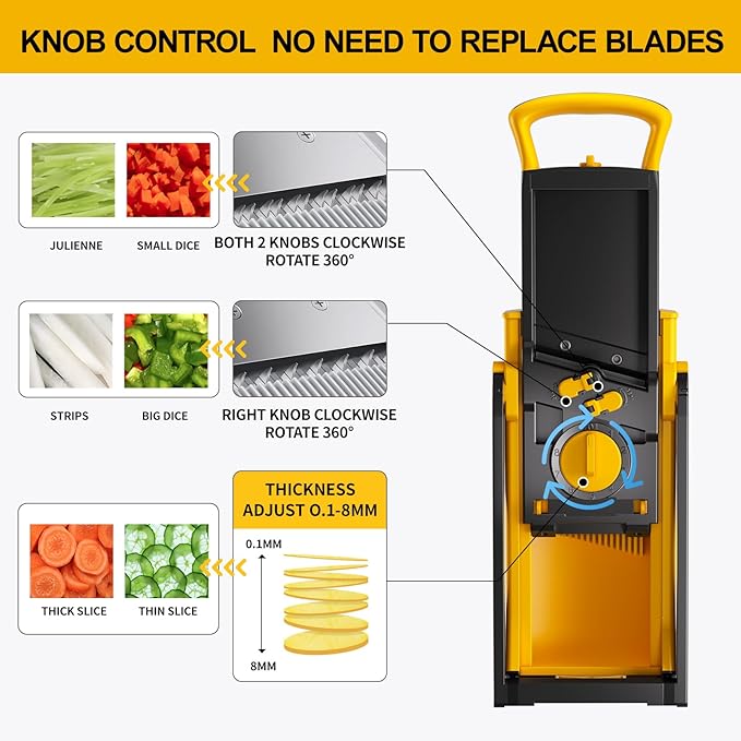 [All in 1] Upgraded Version Safe Mandoline Slicer for Kitchen, Adjustable Thickness. Veggie Slicer, Rapid Prep Mandoline, Detachable Blade, Cleaning Brush (Yellow)