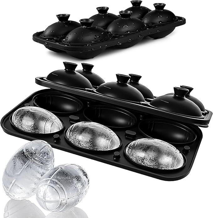 Silicone Large Ice Cube Tray, 6 Big Football Ice Cube Trays for Freezer,ICE Maker,Ice Cube Mold,Nice ICE Cube Trays,Crushed Ice Trays for Wiskey Cocktail Beer (Black, 6 Large Ice Cubes)