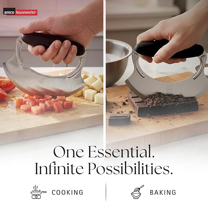 Amco 4.9" Mezzaluna with Silicone Handle (3 Pack) - Stainless Steel Blade, Versatile Chopping Tool for All Kitchen Needs - Non-Slip Grip, Easy to Use & Comfortable to Hold, Dishwasher Safe