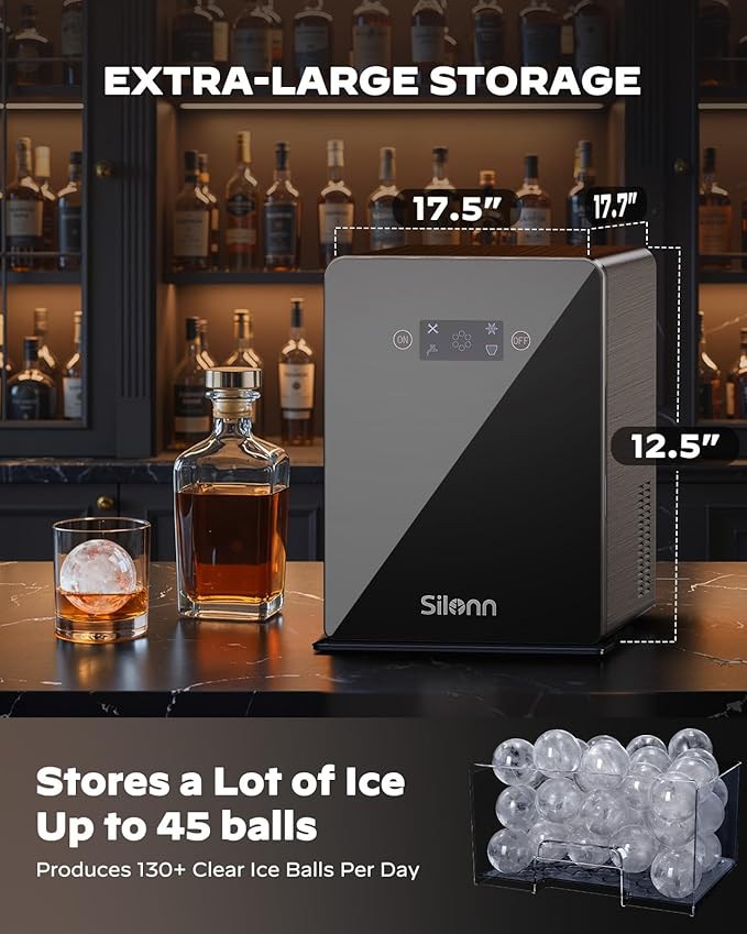 Silonn 2″ Sphere Ice Maker, Clear Ice Ball Maker with Slow-Melting, 4 pcs in 35 Mins, 144 pcs/Day, Crystal Sphere & Rapid Sphere Technology, Self-Cleaning Ice Maker Countertop Ideal for Whiskey