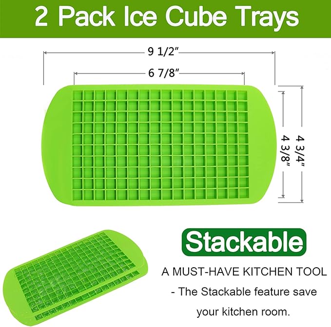 Silicone Mini Ice Cube Trays 2 Pack, 160 Small Ice Cube Molds Easy Release Crushed Ice Cube for Chilling Whiskey Cocktail, BPA Free Flexible Stackable and Durable Soft Mold Storage Containers (Green)