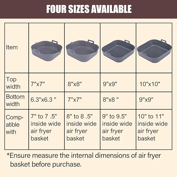 Golden Associate Silicone Liners Square for Air Fryer, 2 Pcs Non-stick Food-grade Reusable Basket Silicone Pot Baking Tray Airfryer Accessories, Top Size 10 inches, Bottom Size 9 inches