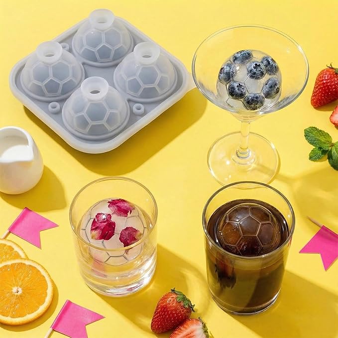 Large Ice Cube Tray,Silicone Ice Cube Trays for Freezer with Lids & Funnel,2.5 Inch Reusable Big Round Ice Cube Mold Ball Maker for Gifting,Whiskey,Cocktails and Drinks,Easy Release (Soccer Ball)