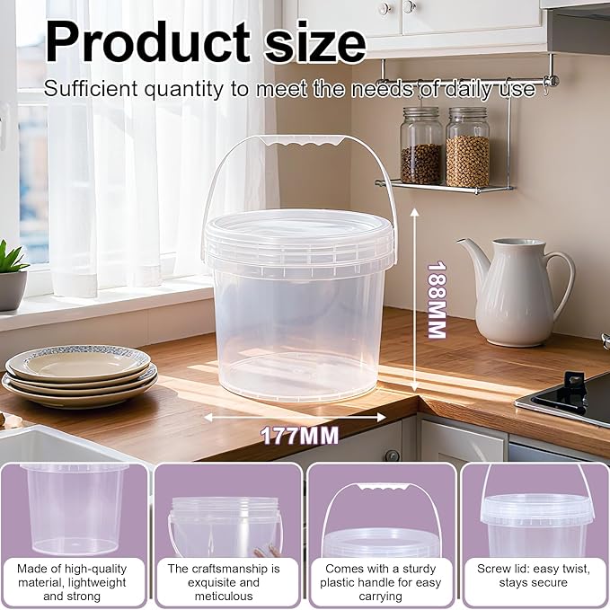6 Pack 1 Gallon Food Grade Plastic Buckets with Screw Lids & Handle, Reusable Storage Containers for Snacks, Salad, Sauce - Clear Freezer Safe Bucket Set (Transparent)