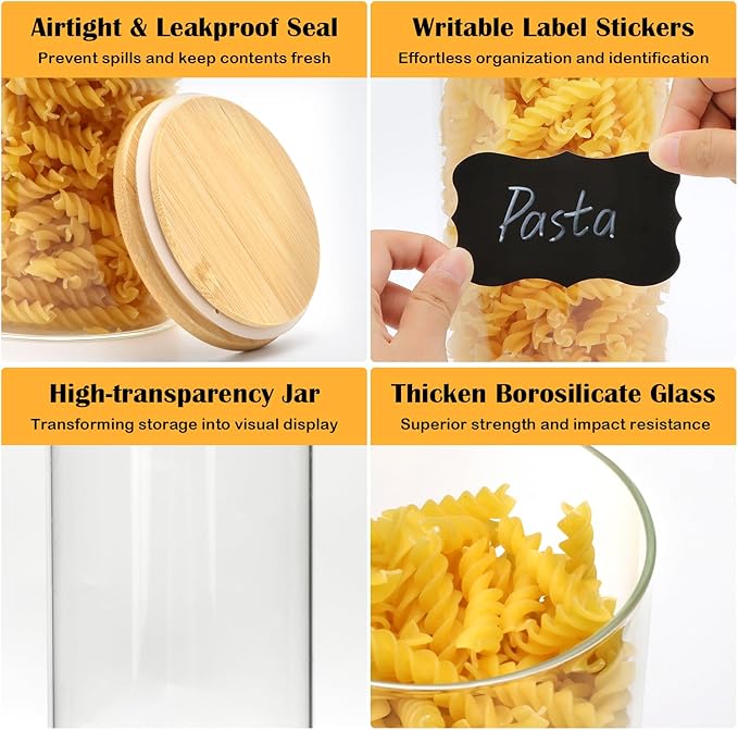 Airtight Glass Jars with Bamboo Lids, Glass Food Storage Containers Set - Set of 5 Kitchen Canisters for Sugar, Candy, Cookie, Rice and Spice Jars