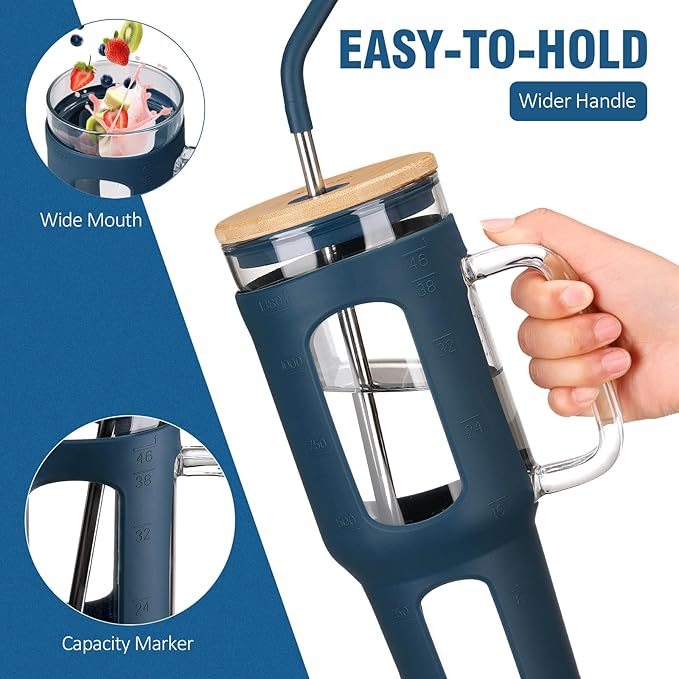 WINSA Glass Tumbler with Lid and Straw, 46 oz Iced Coffee Cup with Handle, Large Water Bottles with Silicone Sleeve, Glass Cup with Straws - Pearl Straw & Drinking Straw BPA Free-Blue
