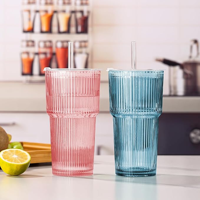 4PCS Colored Ribbed Glass Cups with Lids and Straws, 20oz Vintage Drinking Glasses, Aesthetic Iced Coffee Cups, Glass Tumbler for Boba, Beer, Tea, Cocktails, Ribbed Glassware Set,Colored