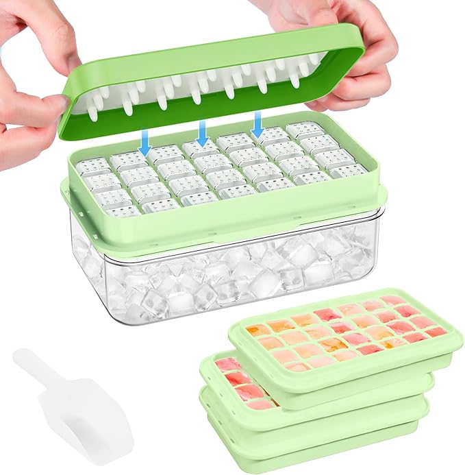PHINOX Ice Cube Tray with Lid and Bin, 3 Pack Plastic Ice Cube Tray Molds, 84 pcs Ice Trays for freezer, Chilling Drinks, Whiskey & Cocktails, with Ice Container and Ice Scoop, BPA-Free