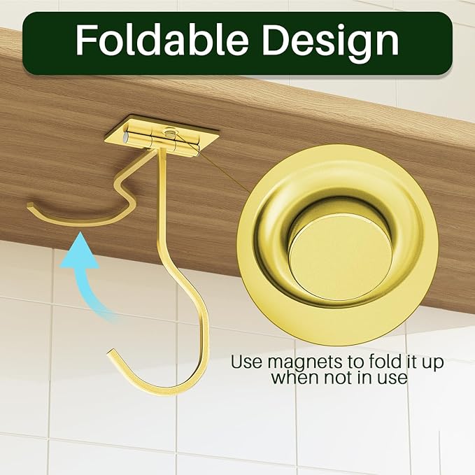 bussdis Adhesive Banana Hook Under Cabinet: 2-Pack Foldable Metal Banana Hanger, Space-Saving Under Counter Banana Holder for Kitchen & RV, Gold