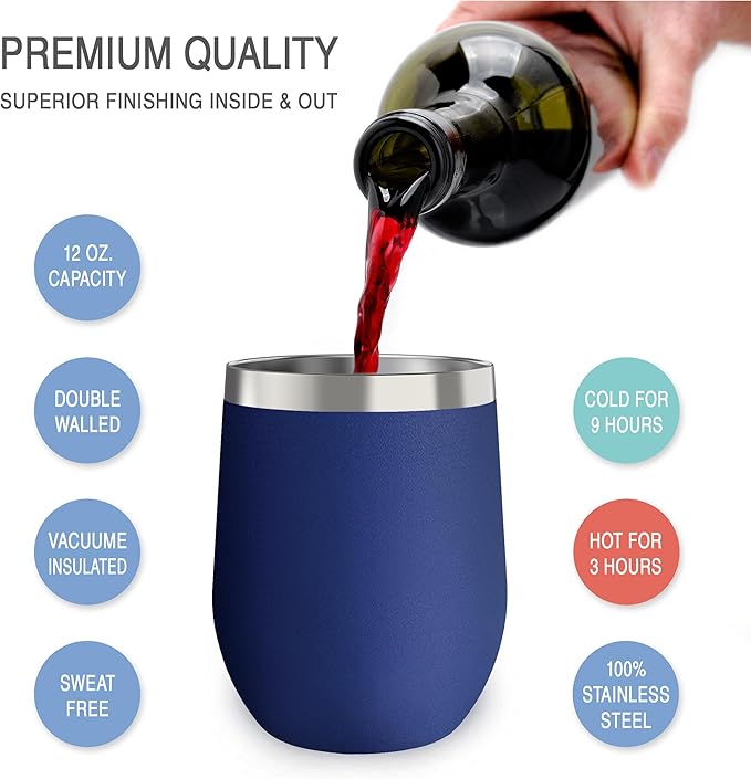 CHILLOUT LIFE 12 oz Stainless Steel Wine Tumblers 4 Pack - Double Wall Vacuum Insulated Wine Cups with Lids and Straws Set for Coffee, Wine, Cocktails - Powder Coated Navy Blue