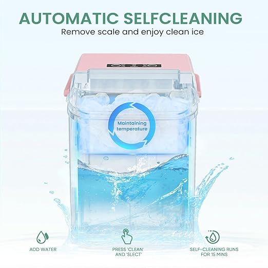 Ice Makers Countertop, Portable Ice Machine with Handle, 6 Mins 9 Bullet Ice Cubes with Basket and Scoop, 26lbs in 24Hrs, Auto-Cleaning, for Home, Kitchen, RV, Camping, Pink
