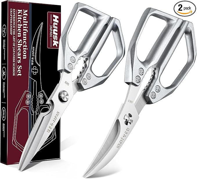 Huusk Kitchen Shears Set Silver - Professional Seafood & Kitchen Scissors Set, Sharp Japanese-Style Cooking Scissors for Crab, Shrimp, Lobster, Herbs and Food Prep, Christmas Gifts for Men Women