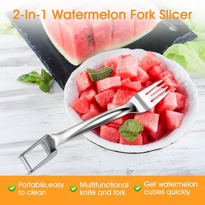 2 PCS Stainless Steel Watermelon Slicer and Fork - 2-in-1 Portable Kitchen Tool for Home Camping and Parties